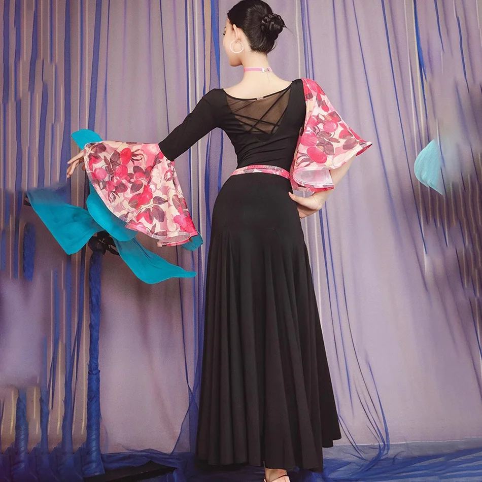 2023 moderne Floral Lotus Hülse Patchwork Weiblichen Latin Dance Kleid Frauen Ballroom Dance Samba Rumba Bühne Leistung Dancewear