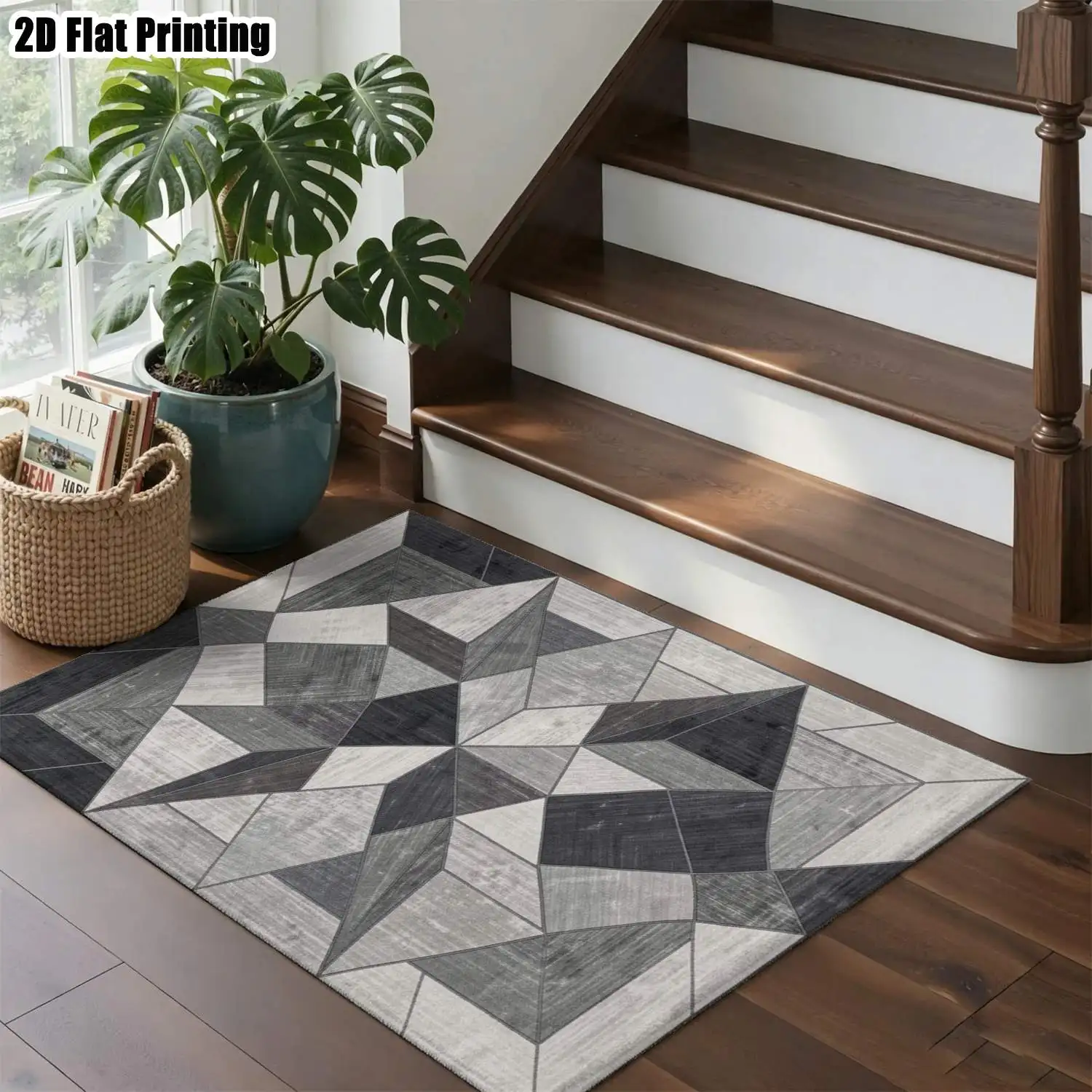1Pc 2D Printed Black&White Geometric Abstract Nordic Minimalist Modern Carpet, Machine Washable, Multi-Size, Suitable for Home Decor, Entrance/Dining/Foyer/Bedroom/Living Room