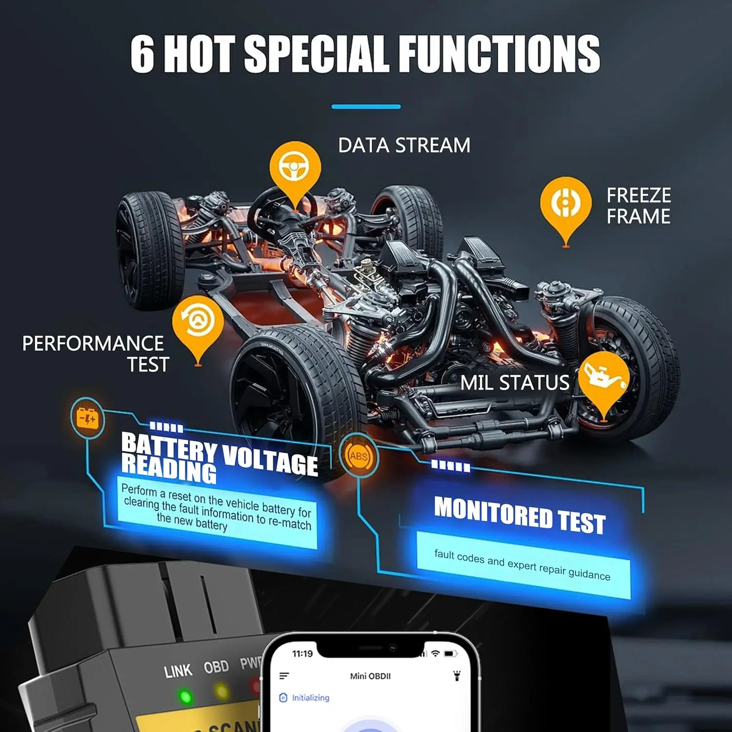 ماسح ضوئي بلوتوث OBD2 للسيارات - قارئ رمز لاسلكي لهواتف iPhone/Android، قراءة/واضح رموز الخطأ والبيانات المباشرة، تطبيق مجاني