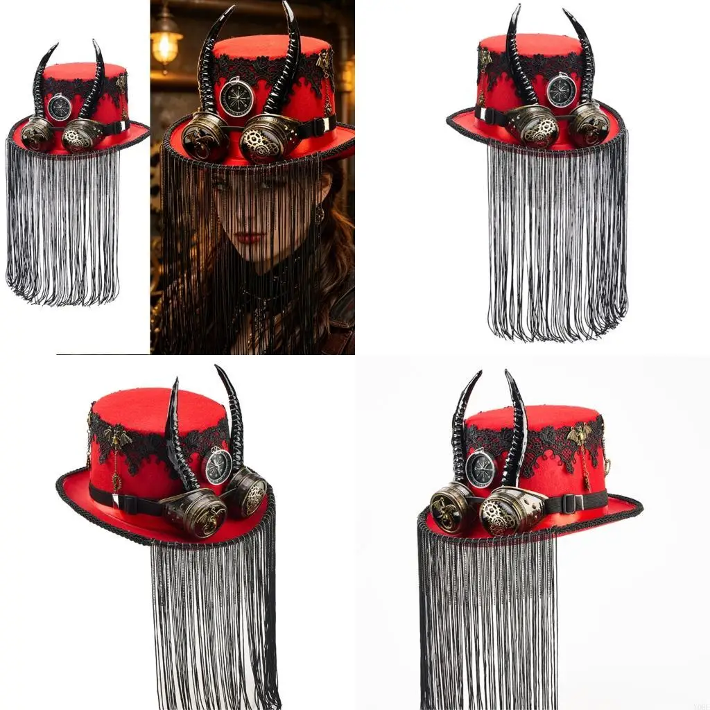 

Gothic Gothic Rock Fringes Goat Horn Top Cap With Adjustable Goggle Halloween Accessory For Men Women Y08E