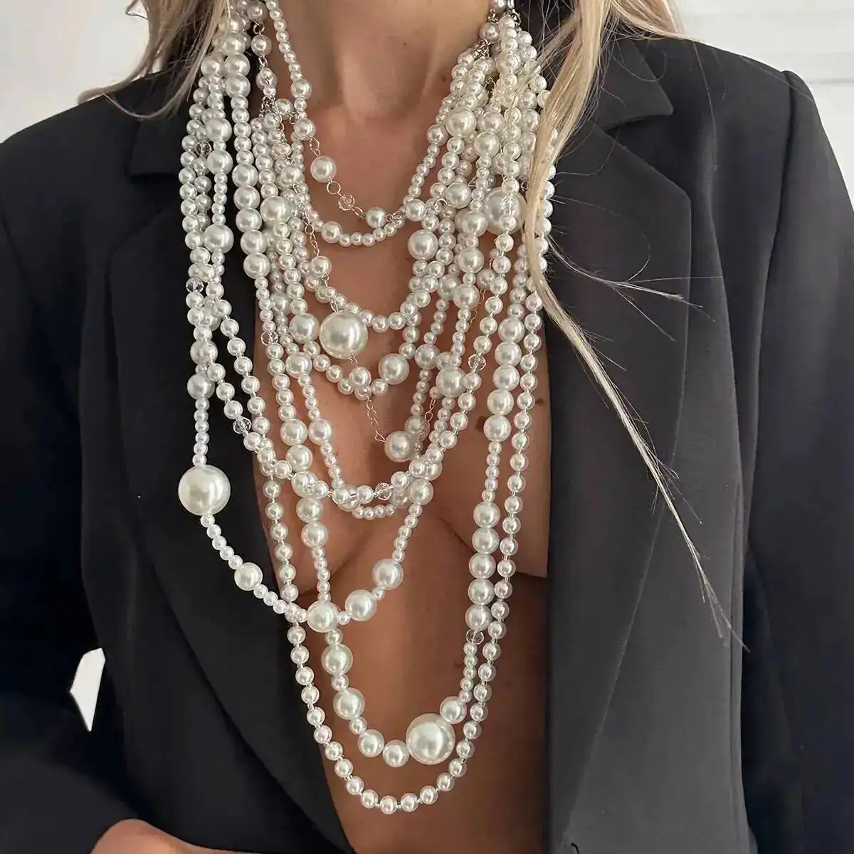 KunJoe Übertriebene mehrschichtige Imitation Perle Halsband Halskette Frauen Luxus Lange Quaste Anhänger Pullover Kette Braut Mi Schmuck – Detail 2