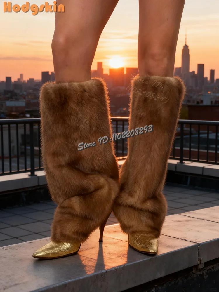 

Warm Faux Fur Pointed Toe Boots Solid Knee-high Boots Slip-on Thin Heel Women Plush Fashion Shoes PU 2025 Autumn New Stiletto