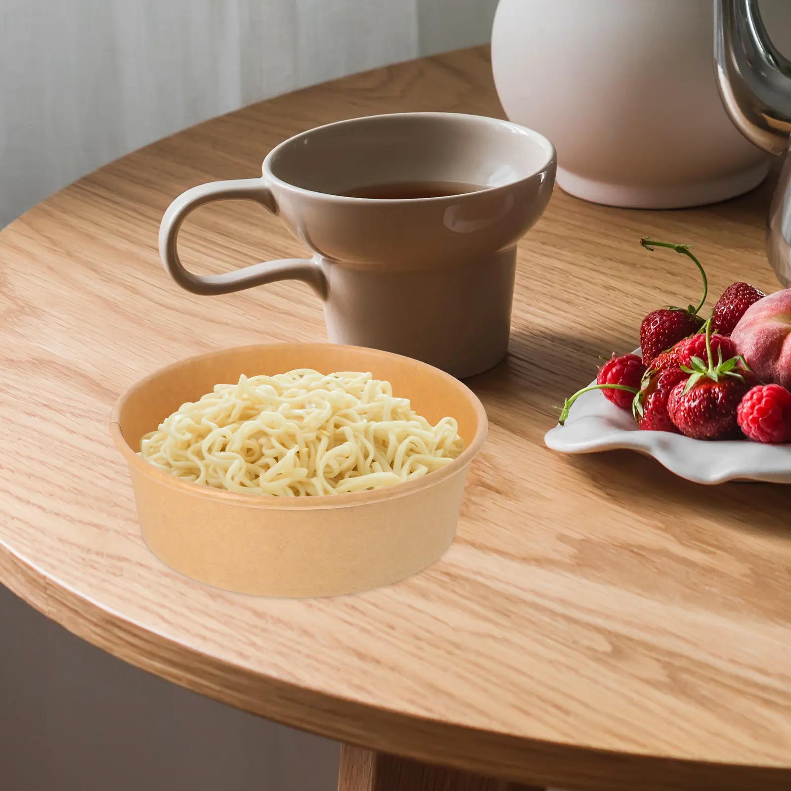 

100Pcs Disposable Kraft Paper Cylinder Food Container with Lid Sturdy Portable Soup Bowl for Noodles Salads Hot Meals Takeout
