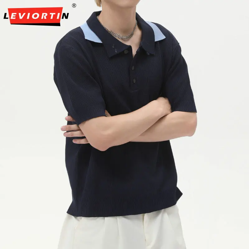 Men's youthful and trendy retro patchwork double neck design fashionable and versatile loose fitting short knitted short sleeved