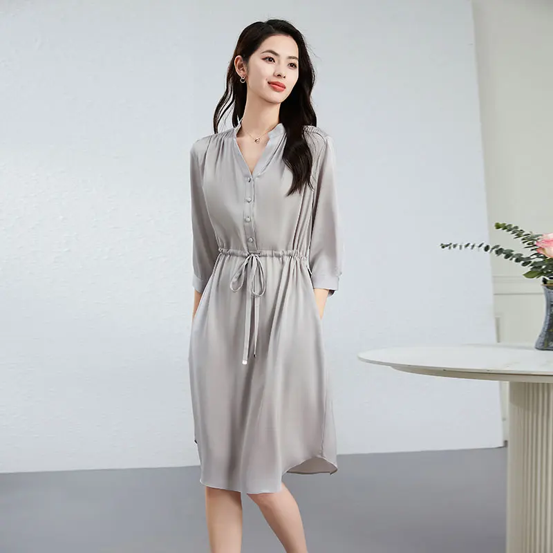 فستان نسائي 92.3% حرير 7.7 سباندكس برقبة على شكل V نصف كم برباط حتى الخصر فساتين غير رسمية على الموضة