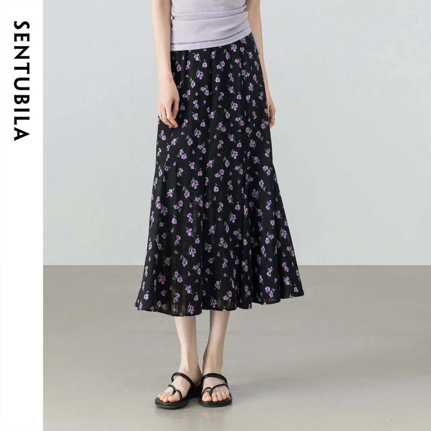

SENTUBILA Elegant Plaid Floral Skirt Women 2026 Summer Ruffle Hem Lightweight High Waist Casual Party Mermaid Skirt 162QJ6929