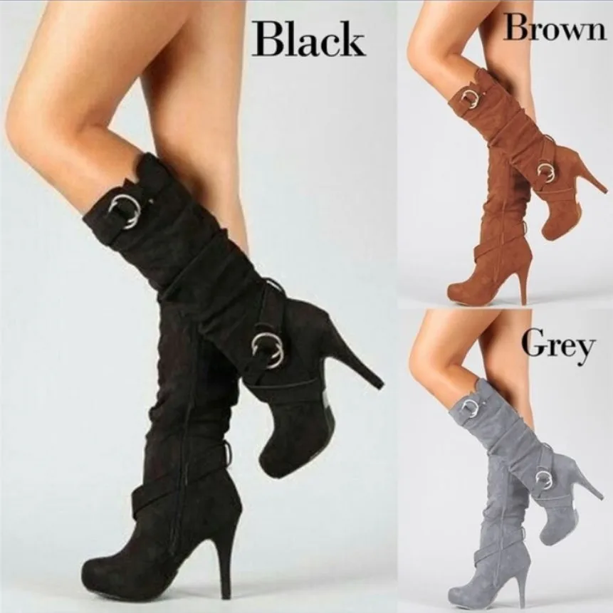 Autumn and Winter New Long Tube High Heel Side Zipper Strap Elastic Boots for Women