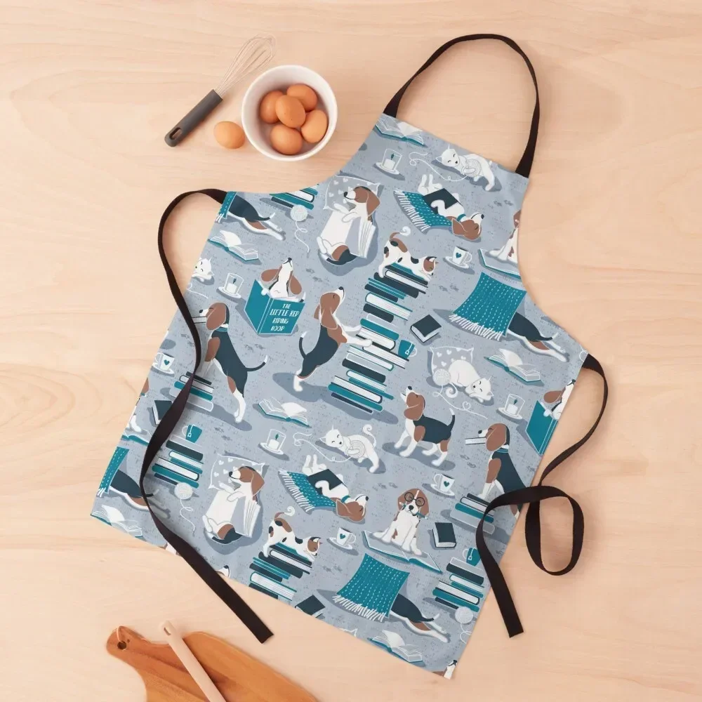 

Life is better with books a hot drink and a friend // blue background brown white and blue beagles and cats turquoise Apron