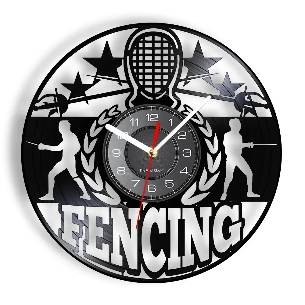 Fencing Modern Wall Clock Made of Vinyl Album Record Fencing Suit Helmet Sword Sport LED Lighting Wall Watch Retro Artwork Decor