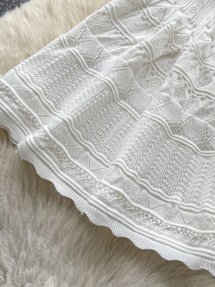 Foamlina Elegant French Retro U-Neck Knitted Dress Women's Summer Cutout Crochet Slim Fit Chic Mini Short A-line Dresses