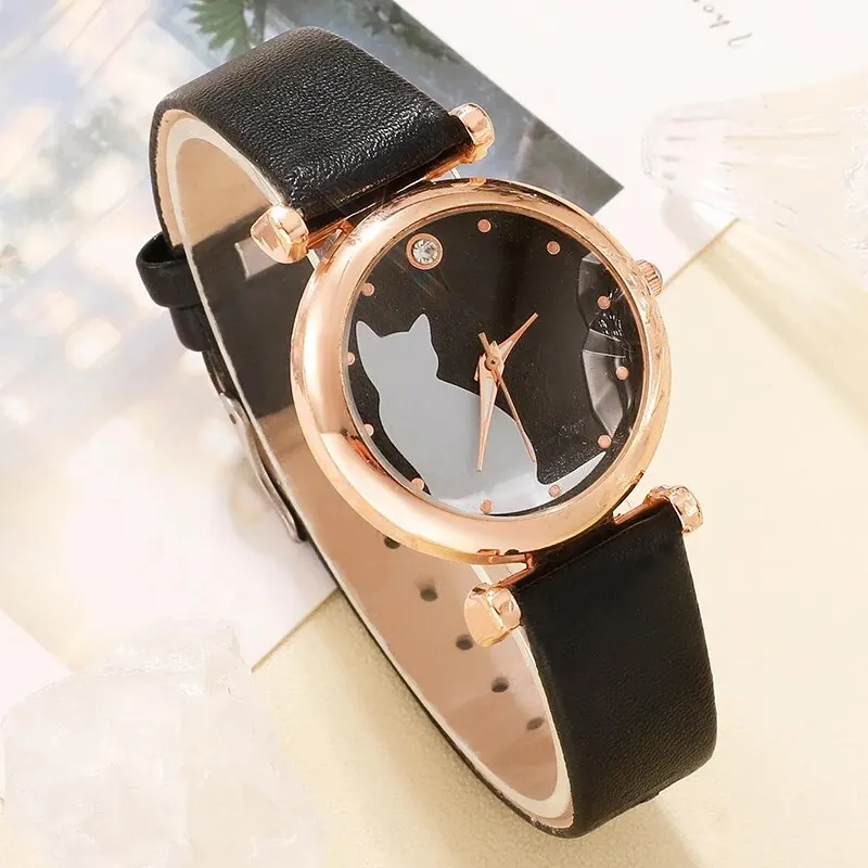 Fashion Watches Women Cute Cat Ladies Simple Quartz Wrist Watches Lady Leather Strap Casual Watch Female Clock Montre Femme