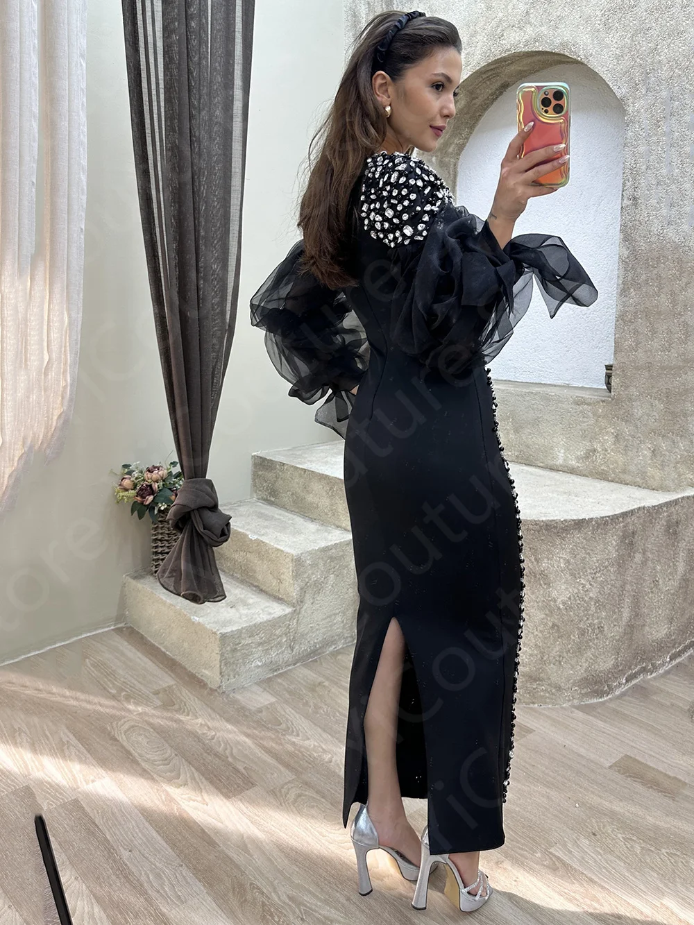 Luxury Mermaid Evening Dresses Black Beading Prom Gowns Ankle Length Back Slit Wedding Party Dresses 2024 Long Puffy Sleeves