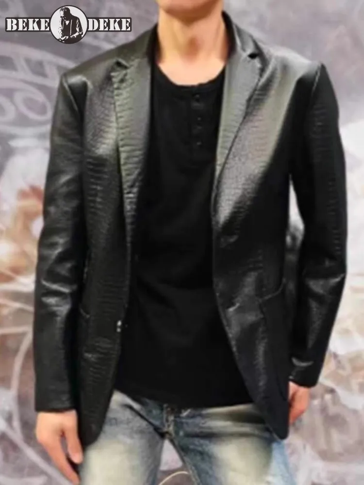 Fashion Men Business Work Crocodile Pattern Sheepskin Genuine Leather Blazer Autumn Luxury Slim Fit Single Breasted Suit Jacket