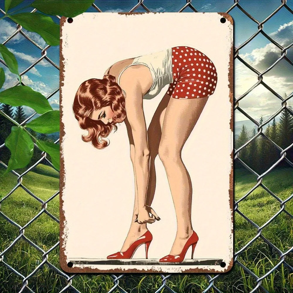 Retro 2D Metal Wall Art - Vintage Polka Dot Lady Decor for Man Cave Kitchen Garage Bar, Pre-Drilled Easy Hanging