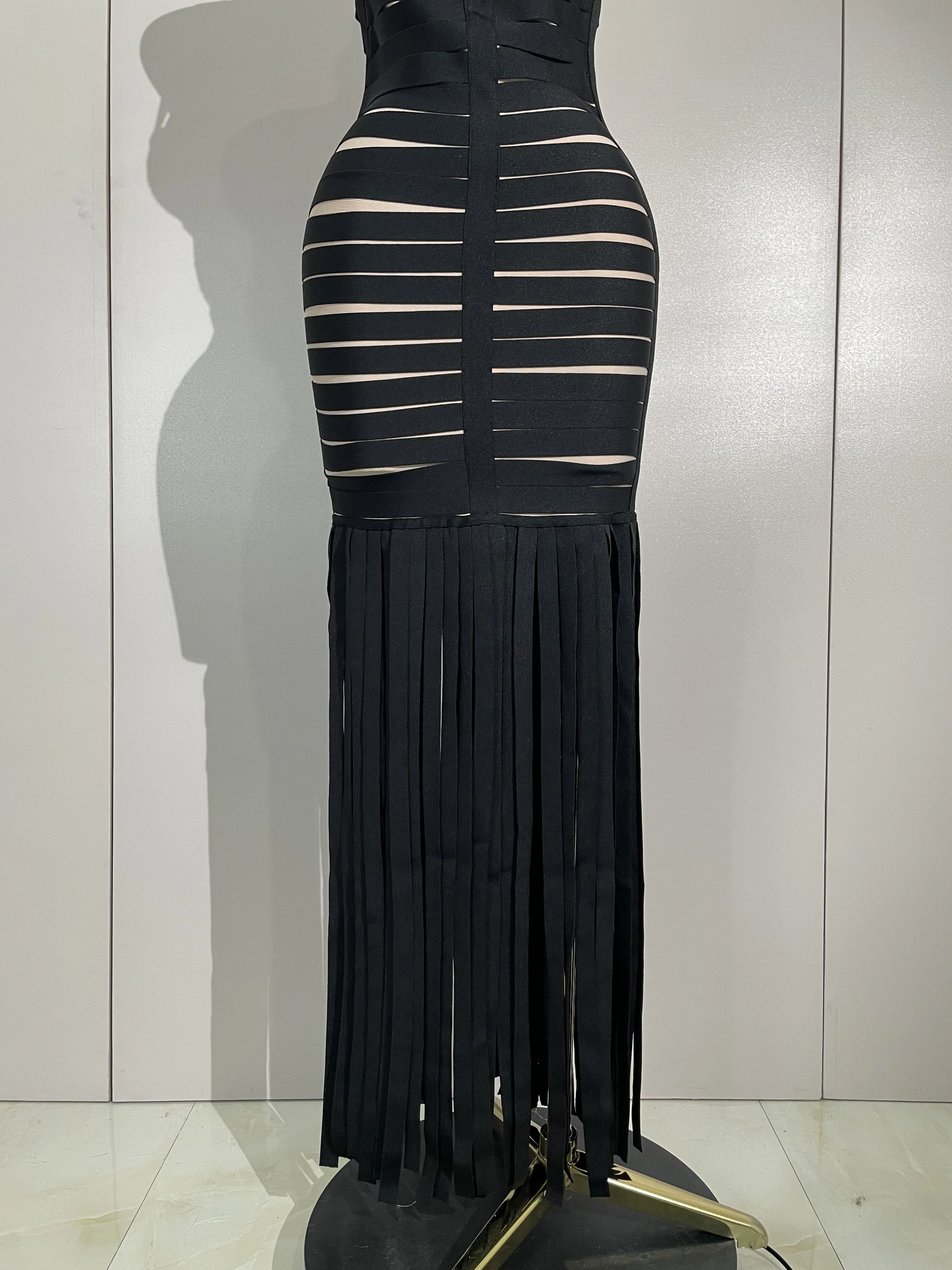 Alta qualidade preto halter quadrado pescoço borla bandage vestido elegante feminino festa de noite baile de aniversário moda clube cocktail vestido