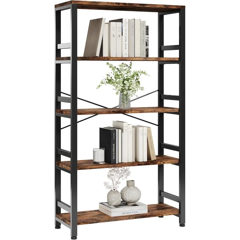 Bookshelves and Bookcases, 31.5in Wide Shelf 5-Tier Ladder Shelf 110lbs/shelf Vintage Industrial Style Bookcase for Bedro