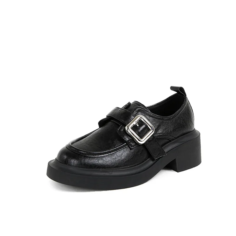 أزياء جديدة نمط مع جولة اصبع القدم النمط البريطاني قدم واحدة كعب سميك المتسكعون أحذية جلدية صغيرة النساء