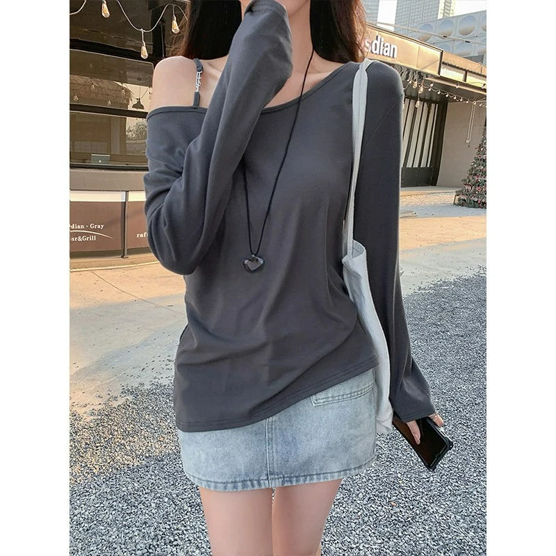 

2025 Autumn Sexy Skew Collar Strapless Base Shirt Causal Versatile Slimming Long Sleeved T-shirt