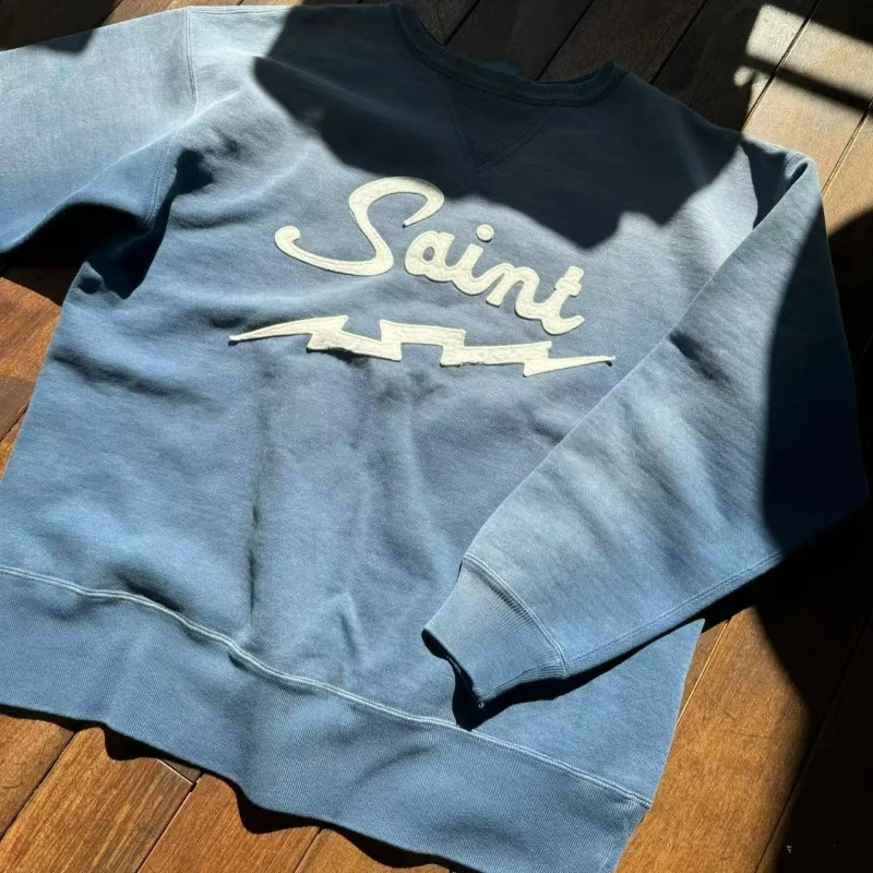 25SS SAINT Hoodies High Street Lightning Embroidered Logo Casual Wash Do Old Round-neck Sweatshirt for Men Women