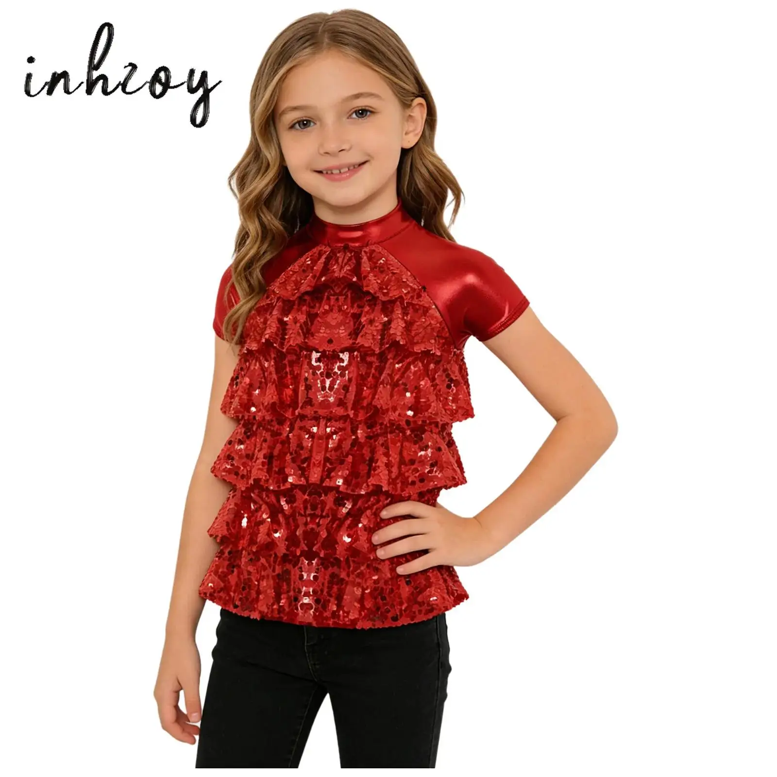 

Kids Girls Sequins Ballet Dance Tops Mesh Short Sleeve Crop Top for Modern Jazz Latin Dance Party Show Stage Performance Costume