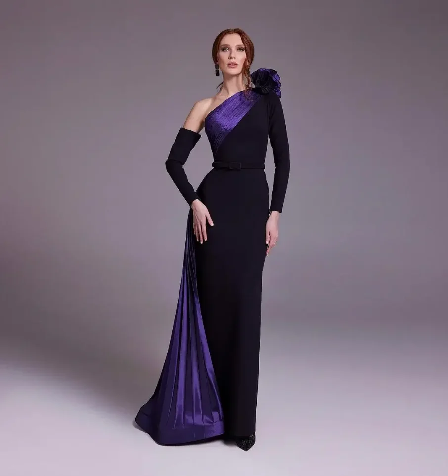 Women Party Gown One-Shoulder Purple Black Prom Dresses Mermaid Long Sleeves Ruffles Floor-Length Elegant Evening Dress Formal