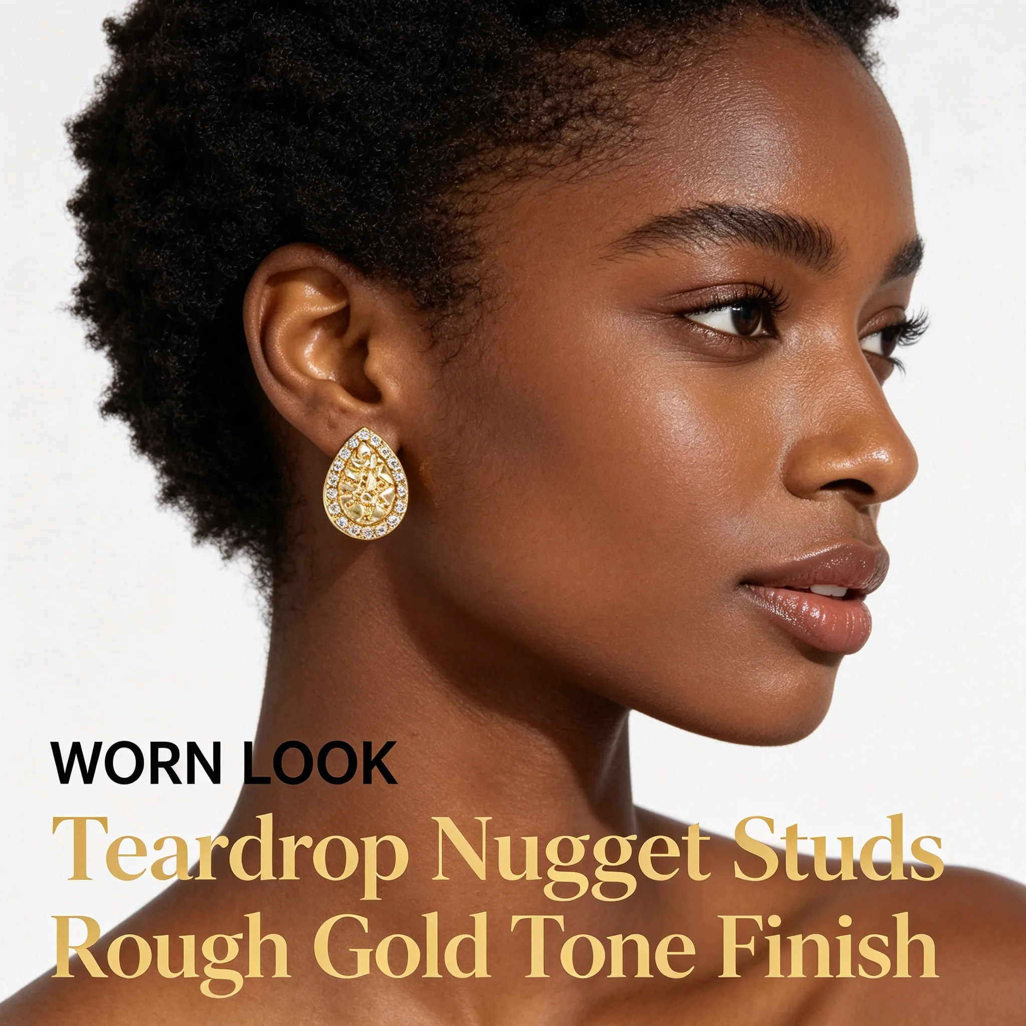Water Drop Earrings Cz Cubic Zirconia Nugget Studs For Women Rough Cookie Textured 14K Gold Plated Hip Hop Punk Dancing Singer