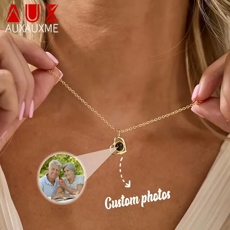 

Auxauxme индивидуальное проекционное фото ожерелье в форме сердца из нержавеющей стали, персонализированный кулон-воротник для семьи, любовника, друга, ювелирное изделие, подарок