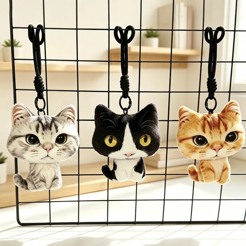 Cute 3D Print Cat Plush Keychain Realistic Kitten Doll Key Ring Bag Pendant Soft Stuffed Animal Key Chains Backpack Decor Gift