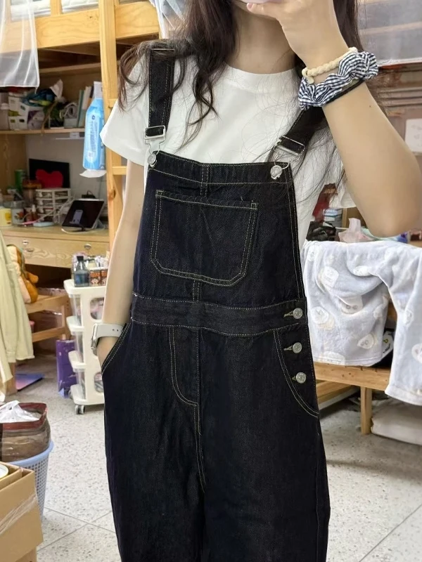 American Sle Retro Denim Overalls Women Summer 2025 New Lazy Loose Straight Casual Wide Leg Long Pants High Waist Trousers