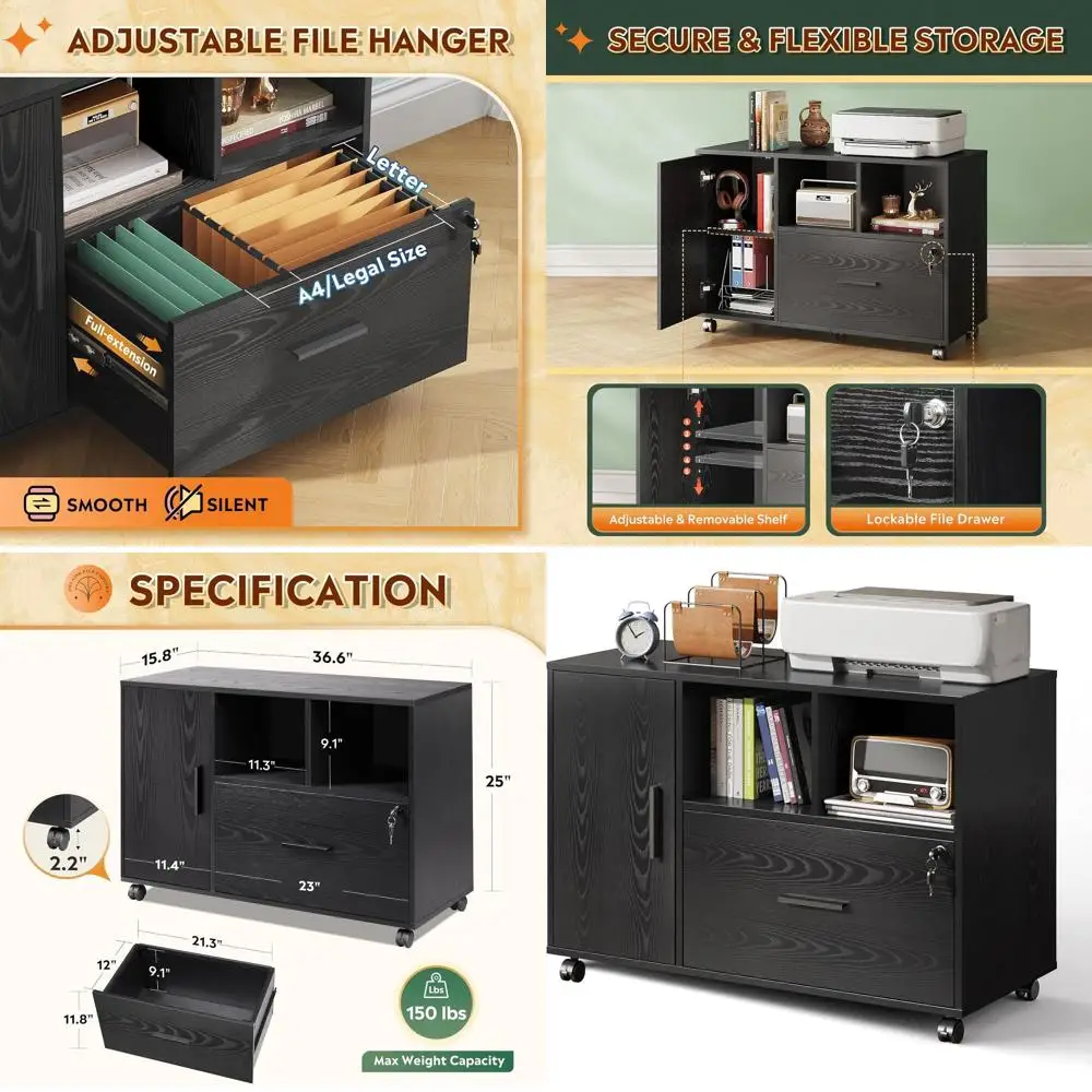 

Черный офисный шкаф на колесах с замком, боковым хранилищем для документов и подставкой для принтера