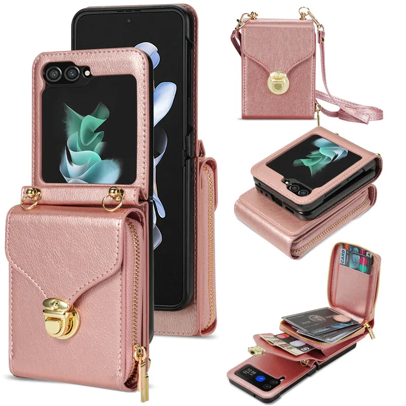 for Samsung Galaxy Z Flip 5 5G Z Flip 4 Z Flip 3 Case Fashion Crossbody Shoulder Strap Wallet Cover Card Slot Money Pocket Cases