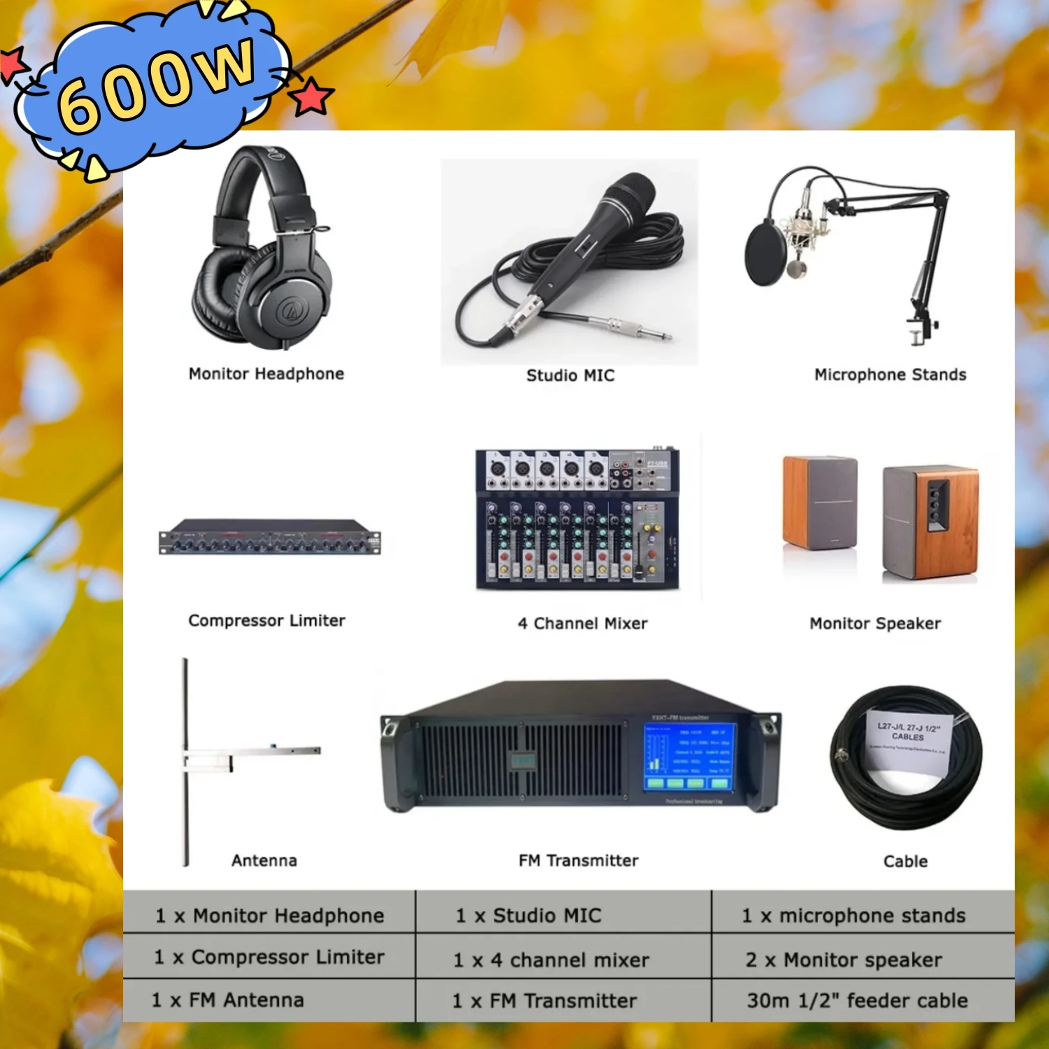 

YXHT-2 600W FM Transmitter Complete Package – 1-Bay Antenna + 30M Cable + 7 Studio Equipments | For Small Radio, Schools