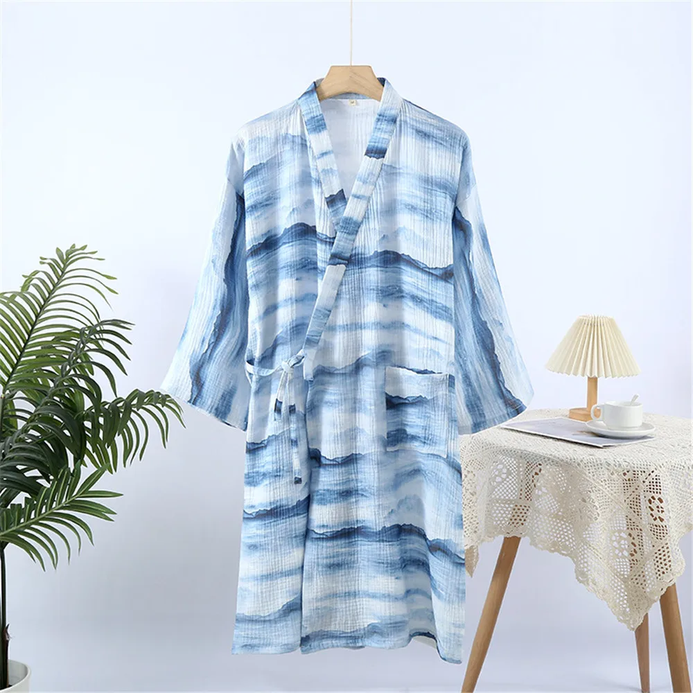 Spring Summer Men Blue White Print Thin Cotton Double-layer Gauze Bathrobe Pajamas Home Absorbent Quick Drying Bathrobe