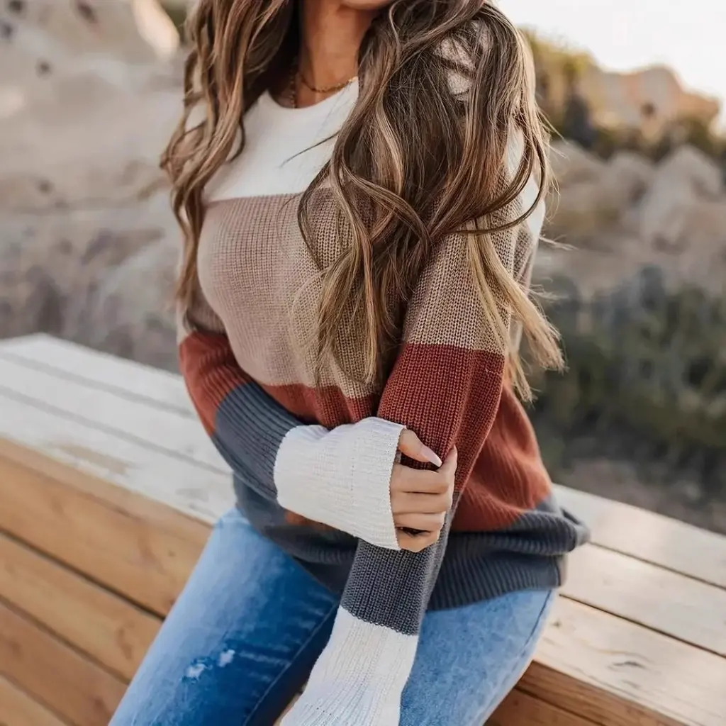 

Women's Fashion round Neck Sweater Autumn Winter European American Style Color Matched Casual Loose Knit Top for