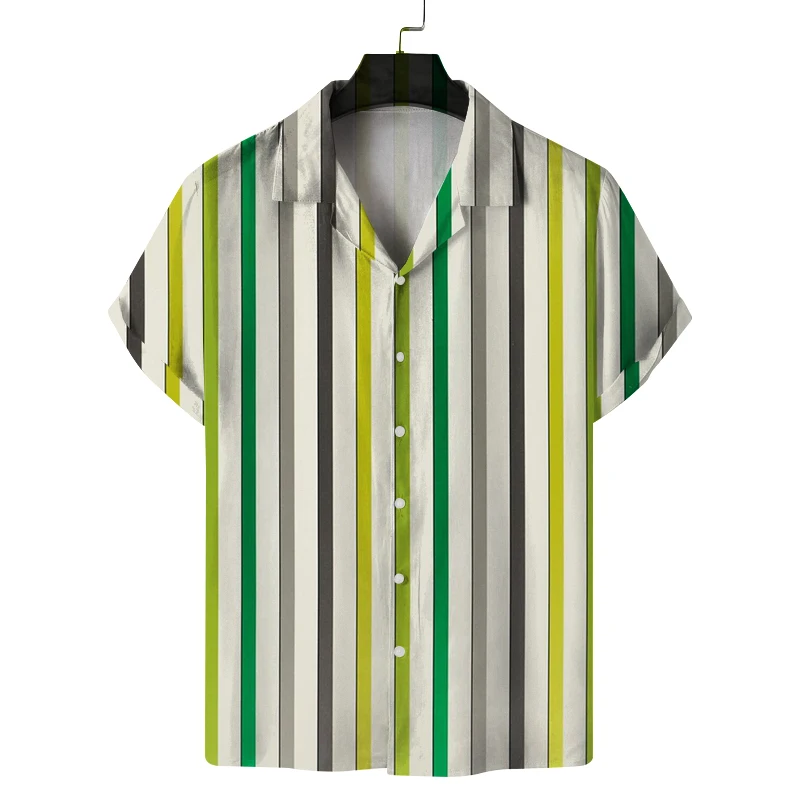 

Мужская летняя рубашка с кубинским воротником и короткими рукавами, полосатым принтом и в тонкую полоску, модная повседневная и удобная универсальная рубашка