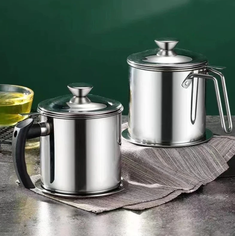 

2pcs 304 Stainless Kitchen Oil Pot Lard Strainer Oil Bottle Storage Container Steel Oil Filter Pot Useful Cooking Oil Strainer