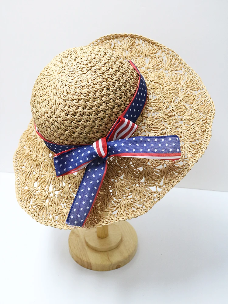 Ręcznie robiony słomkowy kapelusz dla kobiet moda letnia Bowknot składany krem ​​do opalania Panama Lady szerokie rondo zewnętrzna czapka przeciwsłoneczna UV czapka plażowa — zdjęcie 3