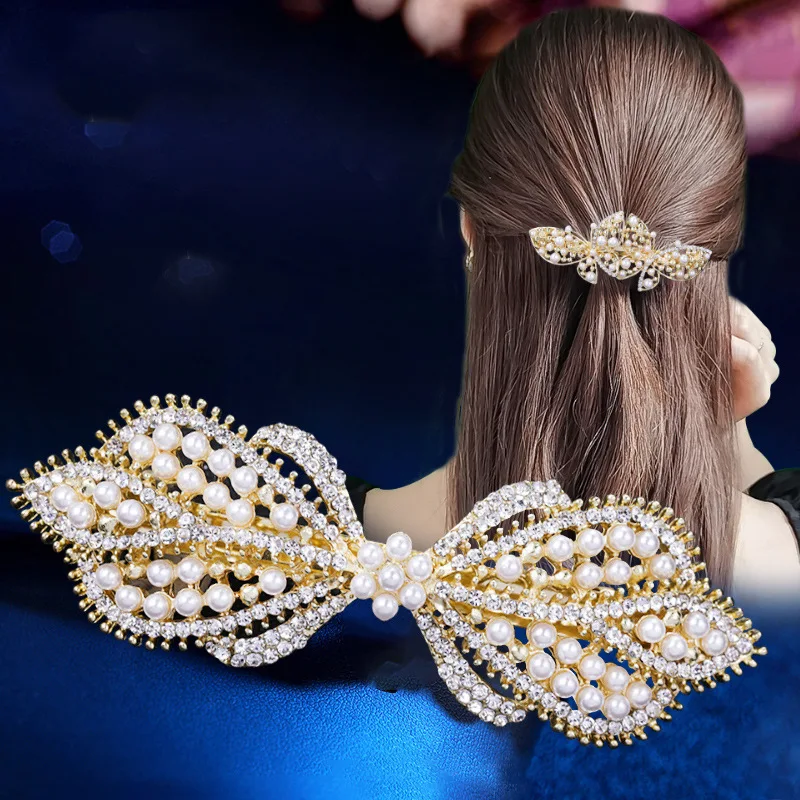 Korean version pearl bow rhinestone spring hair clip top clip horizontal clip elegant temperament mom fashion hair accessories