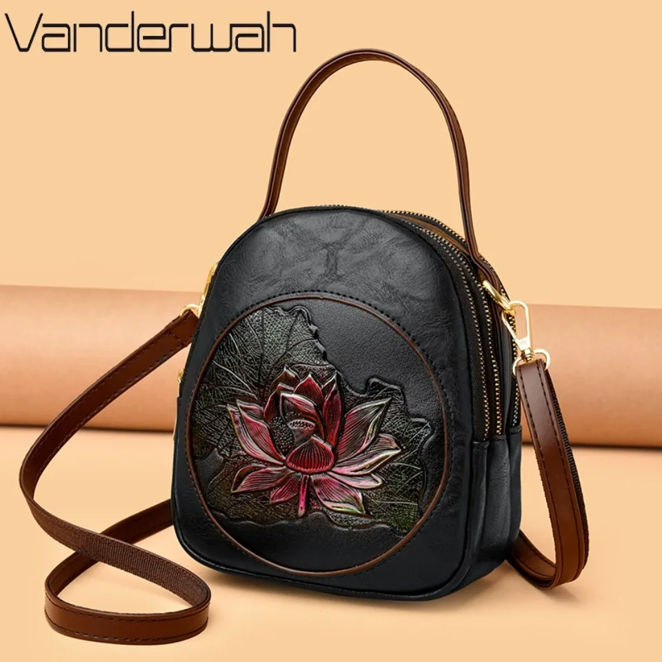 Vintage Lotus Embossed 3 Layers Leather shoulders bag Multi-Pocket Mini Versatile Crossbody bag Daily Commute Artistic Style