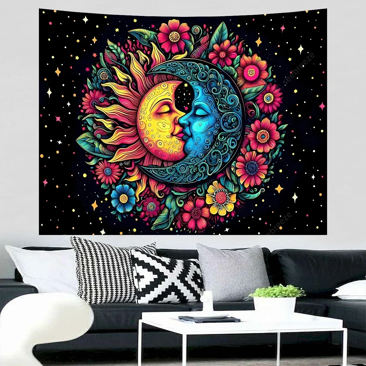 Sun and Moon Tapestry Hippie Boho flower wall cloth Vintage Aesthetic Star Background Poster Mystic Starry Night Sky Tapestries