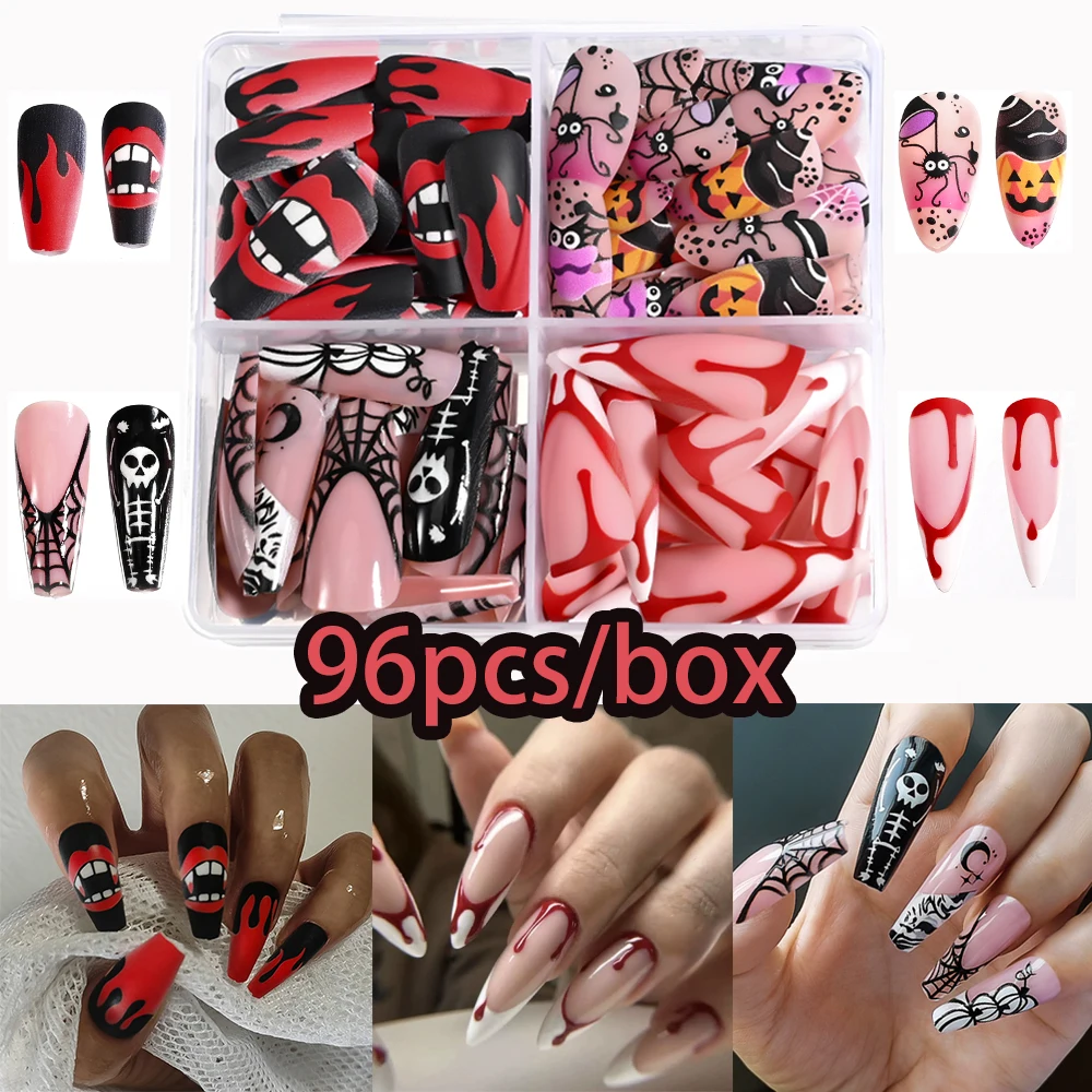 

96pcs/Box Mixed 4 Style Halloween Fake Press On Nail Tips Almond Spider Pumpkin Flames Lips Long Trapezoidal Skull Red Blood@Ｑｚ