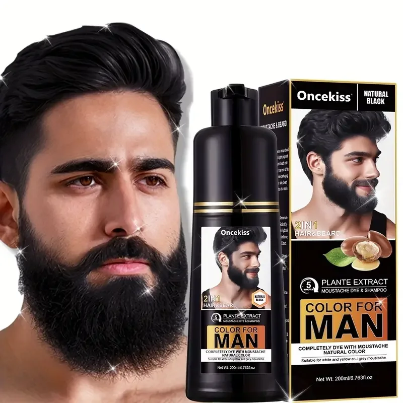 Men's Black Beard And Hair Dye Shampoo,2 in 1 Care Mustache Dye Hair Dye Shampoo,Waterproof Hair Dye Instant Gray Coverage Hair