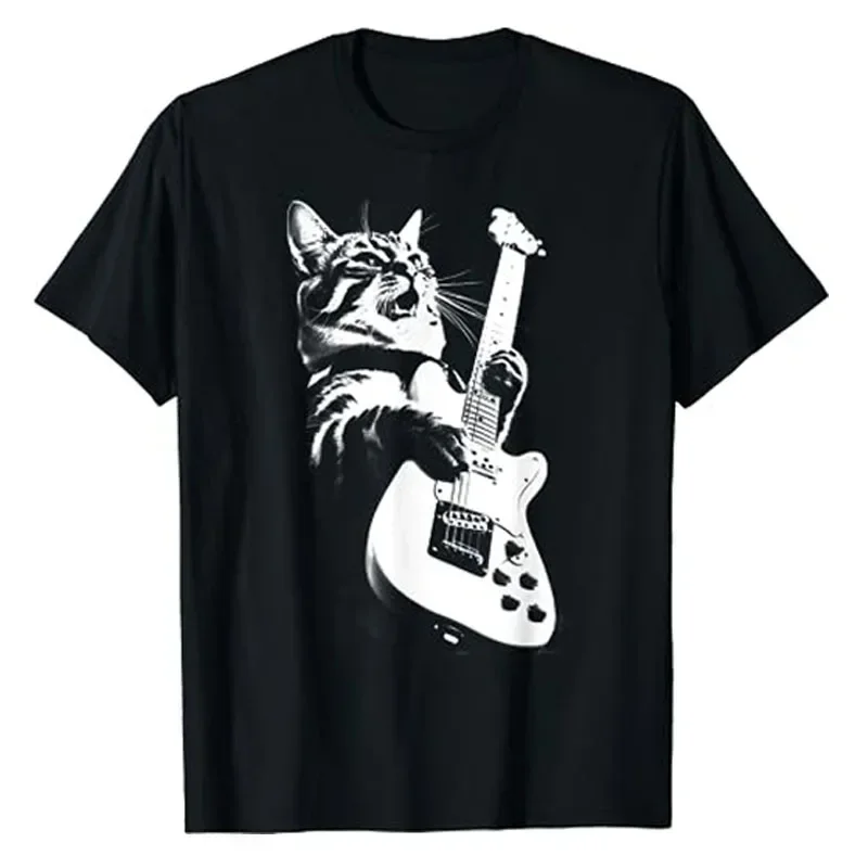 Playing Guitar Rock N Roll Cat Funny Shirt For Men Hip Hop Manga Humorous Kitty Lover Cute Punk Hipster Musical Kawaii Gifts Tee