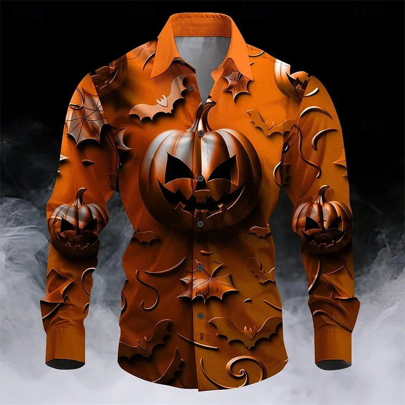 Men\'s Halloween Pumpkin Ghost Face Shirt, Horror Button Lapel Shirt, Long Sleeve, Party, Evening, Autumn, 3D Printing, 6XL