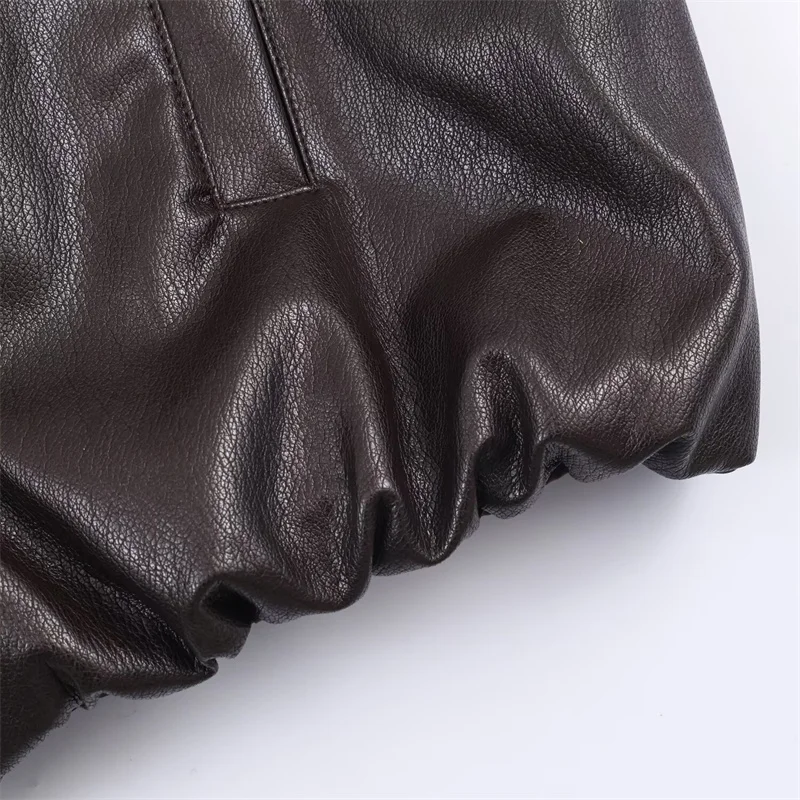 여성용 재킷 2025 겨울 신상 다크 브라운 긴 소매 인조 가죽 효과 스탠드 칼라 루즈핏 재킷 캐주얼 패션 다용도