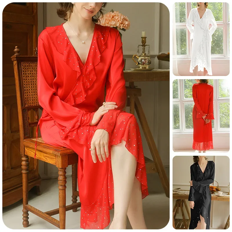 

Sexy V-neck Lace-up Silky Skin-friendly Multi-color Home Wear Ruffled Rhinestone Long Elegant Nightgown