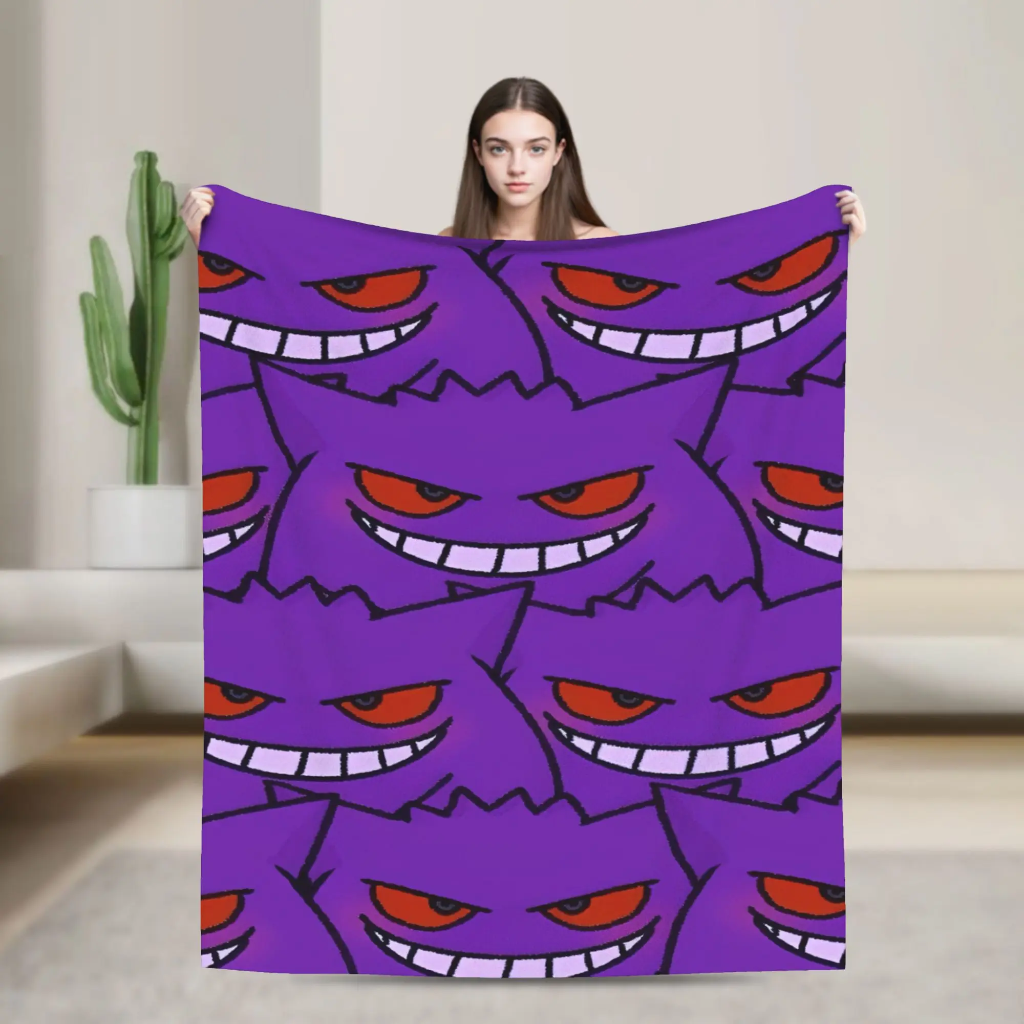 Cartoon Gengar Purple)Blanket Pokemoned Decorative Flannel Throw Blanket For Living Room Soft Warm Bedspread Gift Idea