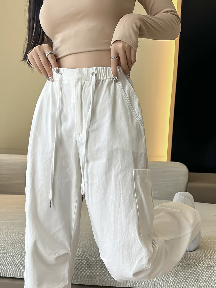 QOERLIN White Washed Pure Cotton Sweatpants Women Elastic Waist Wide Leg Casual Baggy Pants with Pocket Trousers Cargo Pants