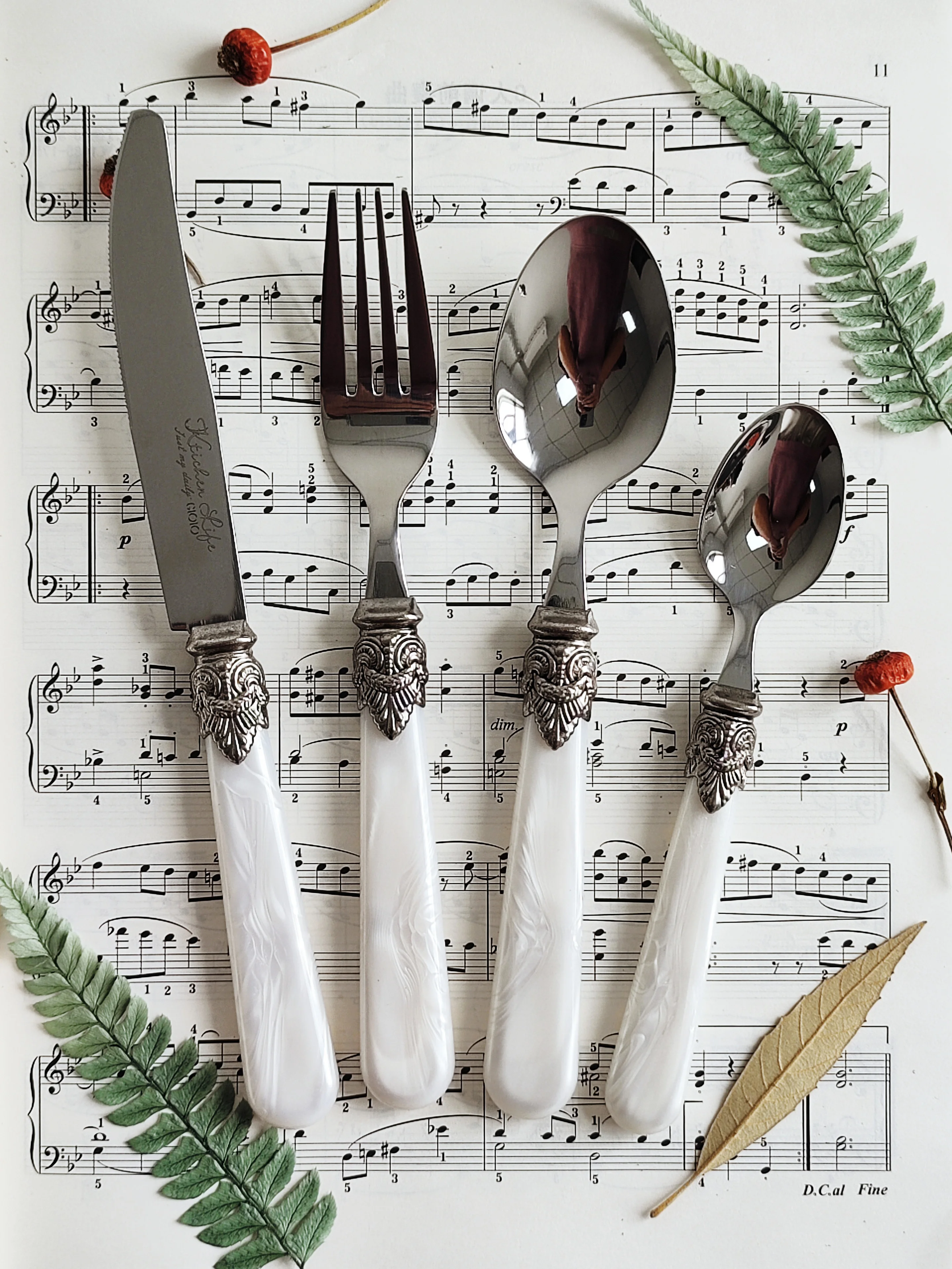 Vintage Collectible Spoons - ชุดช้อนส้อมเงินวินเทจ ด้ามจับอะคริลิก มีด ส้อม และช้อนสแตนเลส 304