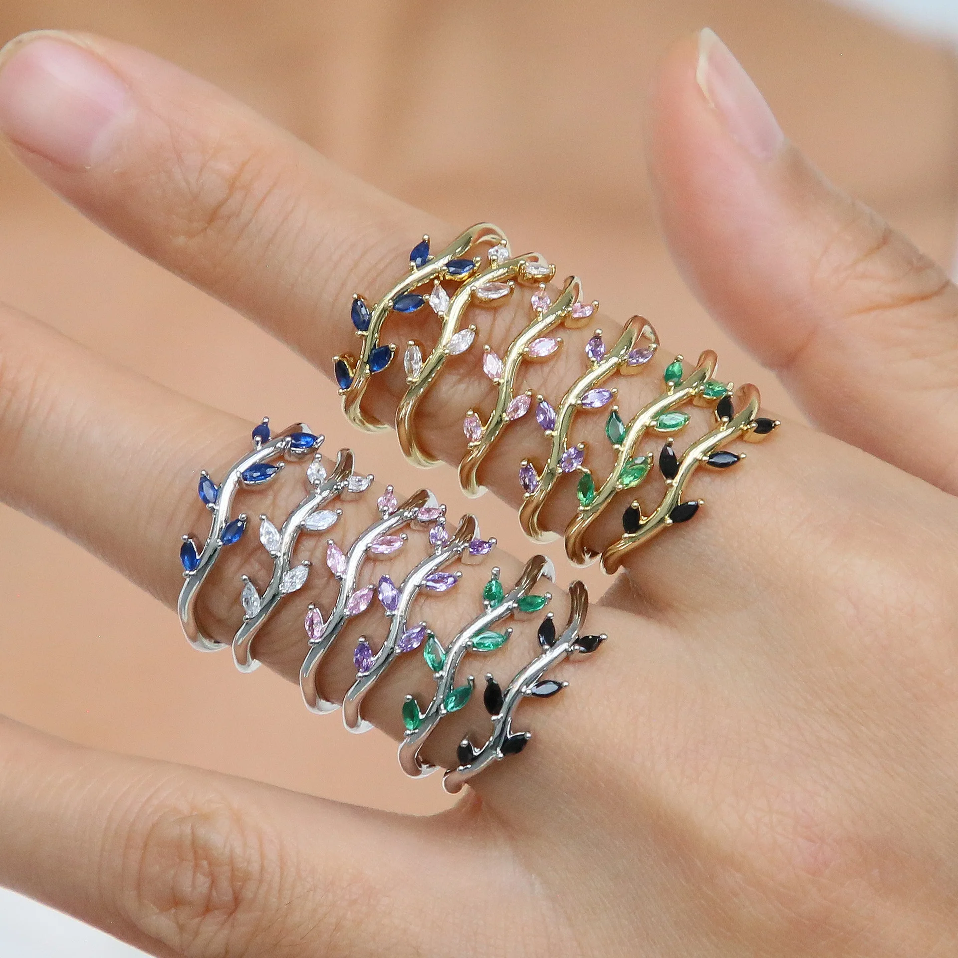 New ins Spring Summer Plant Ring For Women Girl Fashion Colorful Zirconia Leaf Open Adjustable Rings Jewelry Gift